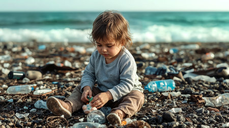 Young child playing with plastic waste on a polluted beach, highlighting environmental damage and global pollution. Ideal for World Cleanup Day and Earth Day, promoting awareness for a cleaner planet.の素材