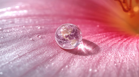 Macro close-up of clear water droplet on a delicate pink petal, reflecting the Earth inside. Concept of purity, harmony and fragility of nature. Perfect for World Cleanup Day and Earth Day awareness.の素材