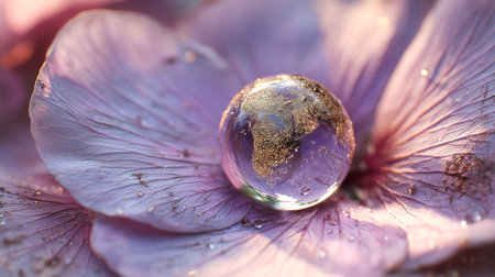 Macro view of a violet petal with a droplet mirroring Earth. Concept of delicate nature and purity. World Cleanup Day and Earth Day, promoting environmental awareness for a cleaner planet.の素材