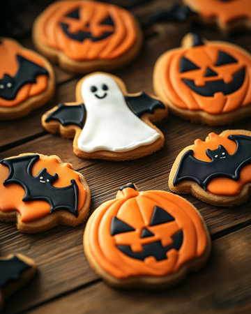 Halloween decorated cookies in shape of pumpkin, bat, and ghost on wooden table. Festive orange and black holiday sweets and sugar dessert background for spooky party celebration.の素材