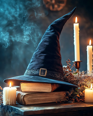 Old witch hat placed on stack of ancient spell books surrounded by candles and herbs. Mystical Halloween witchcraft background with smoky magical atmosphere and candle glow.の素材