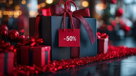 Contemporary red and black composition featuring gift boxes with 50 percent sale tag. Black Friday, Christmas marketing, Cyber Monday, New Year, retail sale banners, luxury product promotion campaignsの素材