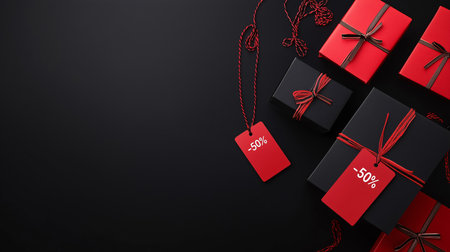 Stylish black and red gift boxes with sale minus 50 percent tags and copy space on dark background. Christmas, New Year, Black Friday, or Cyber Monday promotions. Luxury shopping, festive discounts.の素材