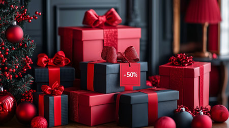 Stylish holiday composition with red and black wrapped gifts near decorations and Christmas tree. Black Friday, Cyber Monday, New Year, seasonal sales. Retail marketing, premium holiday advertising.の素材