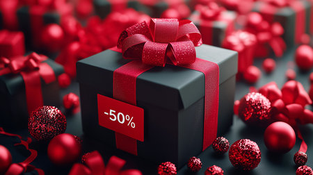 Red and black gift box with minus 50 percent tag and Christmas ornaments. Luxury holiday sale background for Black Friday, festive retail marketing, Cyber Monday, premium seasonal advertising designs.の素材