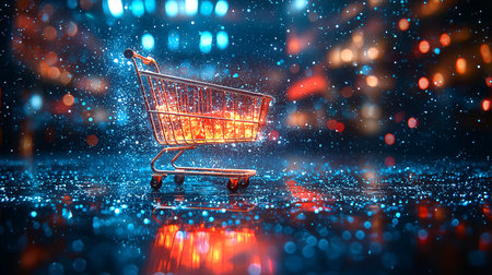 Futuristic shopping cart with glowing neon lights in abstract cyber background. Concept of digital e-commerce, technology retail, and online shopping. Black Friday or Cyber Monday promotion concepts.の素材