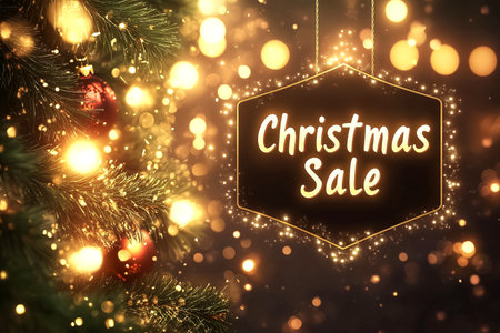 Holiday marketing banner with Christmas sale text, glowing lights and ornaments. Festive winter retail advertisement, seasonal promotion concept, shopping advertisement, bright holiday background.の素材