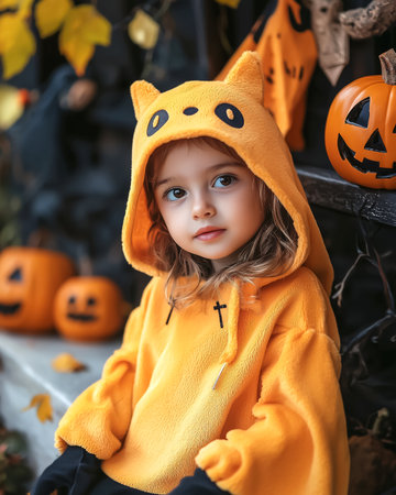 Adorable little girl in cute orange Halloween fox or squirrel costume surrounded by pumpkins and autumn leaves. Cozy outdoor fall portrait for seasonal holiday celebration.の素材