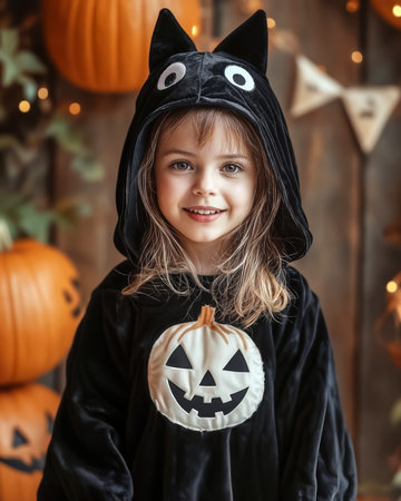 Smiling little girl in cute black Halloween costume with white pumpkin print, standing among autumn decorations with warm lights. Joyful festive portrait with magical holiday atmosphere and cozy charmの素材