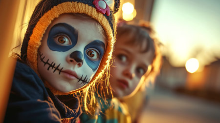Creative child with spooky skull face paint in Halloween costume at sunset. Artistic portrait for holiday makeup, autumn celebration and costume party theme.の素材