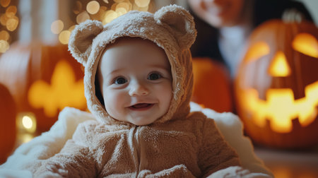 Cute baby dressed in soft brown bear onesie. Adorable indoor Halloween portrait of a infant sitting with magical glowing lights and cozy festive carved pumpkins background.の素材