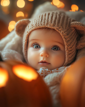 Adorable infant with beautiful expressive blue eyes in brown bear costume sitting among glowing pumpkins. Cozy Halloween night concept with baby, soft blankets, and magical golden autumn bokeh.の素材