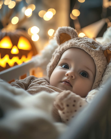 Close-up portrait of adorable baby with big blue eyes wearing knitted beige bear hood. Cozy Halloween concept with infant, glowing pumpkin, magical golden bokeh, and warm autumn atmosphere.の素材