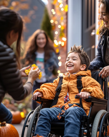 Laughing little boy in orange jacket sitting in a wheelchair surrounded by loving people. Inclusive family Halloween celebration outdoors with pumpkins, candys, happiness, diversity and autumn colors.の素材