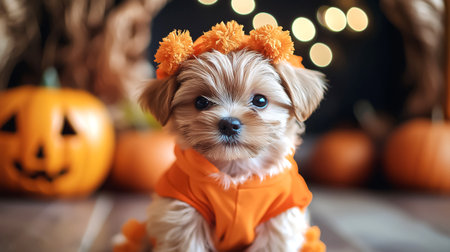 Adorable Maltipoo puppy in bright orange Halloween outfit surrounded by carved pumpkins. Cozy indoor autumn portrait for holiday and pet celebration themes.の素材