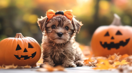 A cute little Maltipoo puppy with a bow sits among carved pumpkins and autumn leaves outdoors. This adorable Halloween pet portrait features a golden autumn background and seasonal charm.の素材
