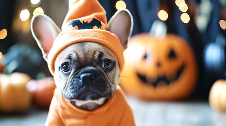 Small brown French Bulldog puppy in bright orange hoodie with bat print surrounded by pumpkins. Adorable Halloween pet portrait with cozy atmosphere and festive autumn decoration.の素材