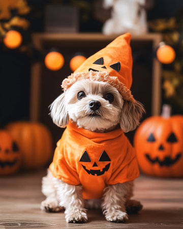 Adorable small dog in pumpkin orange hoodie costume with glowing jack-o-lanterns toys. Festive Halloween pet portrait of funny pet with cozy autumn home decor lights indoors.の素材