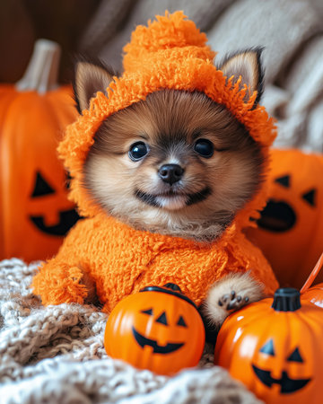 A cute little Pomeranian puppy in an orange knit suit, sitting among toy jack-o-lanterns pumpkins toys. A charming Halloween pet portrait with a cozy, homey feel and seasonal charm.の素材