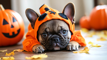Adorable French Bulldog dog in orange costume lying near jack-o-lantern toy. Cozy Halloween indoor pet portrait with warm festive lighting and autumn mood.の素材