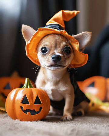 Cute Chihuahua puppy in orange hat costume sitting among carved pumpkins toys. Cozy Halloween portrait for adorable pet and seasonal celebration themes.の素材