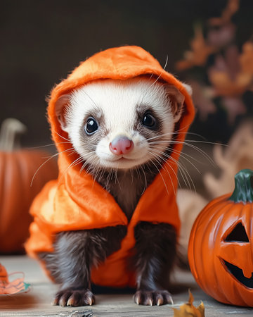 Adorable ferret in fluffy bright orange hoodie sitting near carved pumpkin toy, cozy indoor Halloween portrait pet with festive autumn atmosphere and warm seasonal light.の素材