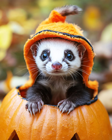 Adorable ferret in orange costume sitting in carved pumpkin. Cozy Halloween portrait pet with magical autumn theme and festive warm outdoor atmosphere.の素材