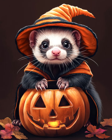 Cute illustration of ferret in orange witch costume sitting beside carved pumpkin and fall leaves on an isolated background. Adorable Halloween portrait pet with cozy seasonal atmosphere and warmth.の素材