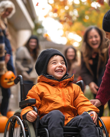 Smiling little boy in orange jacket sitting in wheelchair surrounded by laughing family outdoors. Authentic inclusive Halloween celebration with pumpkins, diversity, happiness, candys, and happiness.の素材