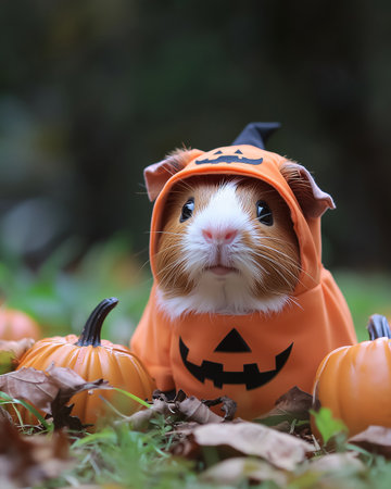 Adorable guinea pig in pumpkin hoodie sitting on autumn leaves with pumpkins. Cute Halloween outdoor portrait for festive animal and holiday celebration.の素材