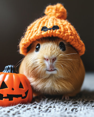 Cute guinea pig in knitted orange hat with glowing pumpkin on a carpet. Cozy Halloween indoor portrait of adorable small pet with warm festive autumn lights for festive animal and holiday celebration.の素材