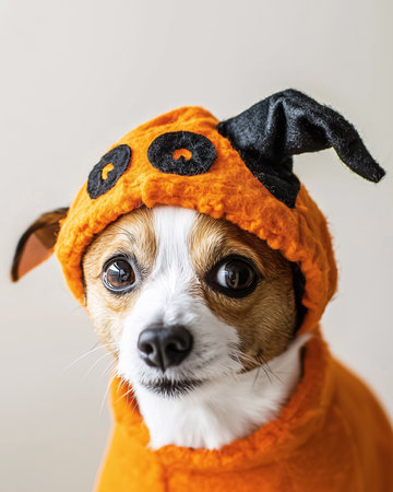 A cute little Jack Russell Terrier puppy wearing an orange sweatshirt sits against an isolated background. Adorable pet portrait for Halloween.の素材