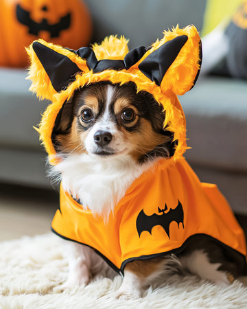 Cute small dog in orange and black Halloween outfit with bat print sitting on a white soft fluffy carpet indoors. Cozy pet portrait with pumpkin and festive autumn home atmosphere.の素材