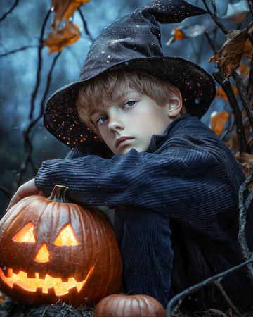 Young witcher boy with freckles in black witch hat sitting with carved pumpkin under autumn dry leaves and golden evening light. Halloween portrait with cozy mystery, charm, and seasonal atmosphere.の素材