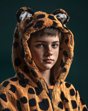 Serious young boy with freckles in leopard costume with ears on hood posing against dark green background. Portrait teen with strong Halloween mood, symbolizing fantasy spirit of autumn celebration.の素材