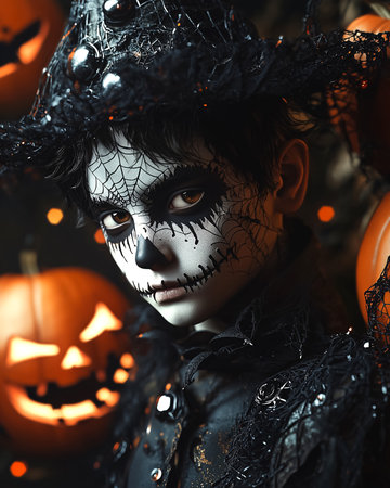Spooky young boy in black gothic costume with white skull and makeup hat surrounded by glowing pumpkins. Dark mysterious Halloween portrait filled with eerie charm and fantasy atmosphere of the night.の素材