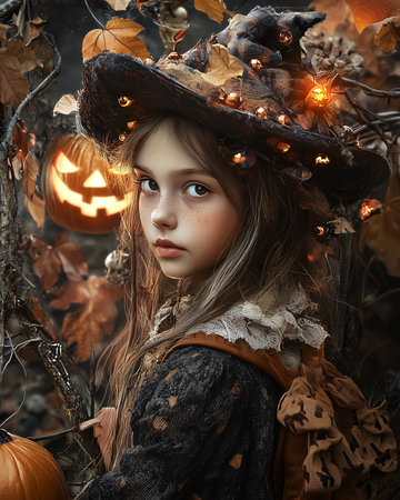 Adorable girl witch freckles in vintage hat sitting near pumpkins and autumn leaves. Golden light. Seasonal Halloween portrait filled with fantasy charm, magic warmth, festive celebration of fall.の素材