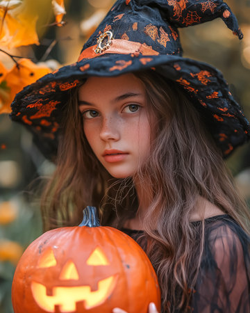 Teenage witch with freckles on her face in black Halloween costume with pumpkin lantern in cozy golden autumn forest and mysterious atmosphere full of fantasy. Charm warm portrait of a teen girl.の素材