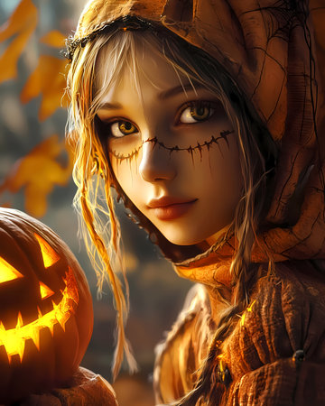 Halloween scarecrow teen with stitched makeup and orange costume standing near glowing pumpkin. Warm autumn light, mystery, and fantasy spirit of Halloween celebration. Portrait of a teenage girl.の素材