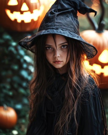 Gothic little witch with with freckles and long hair wearing black hat and dress. Glowing carved pumpkins, mystery, and fantasy Halloween atmosphere. Enchanted magical portrait of a girl charm.の素材