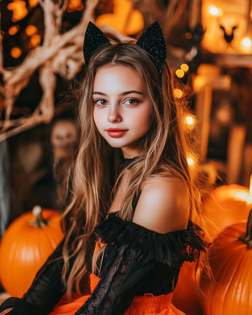 Beautiful teenage girl in cat costume with black ears posing in warm orange Halloween interior surrounded by pumpkins decorations. Magical autumn portrait of a teen girl, full of fantasy atmosphere.の素材