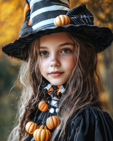 Cute little girl dressed in a witch in striped hat and pumpkin necklace costume in autumn forest. Fantasy Halloween portrait filled with charm, cozy warmth, and magical festive spirit of fall.の素材