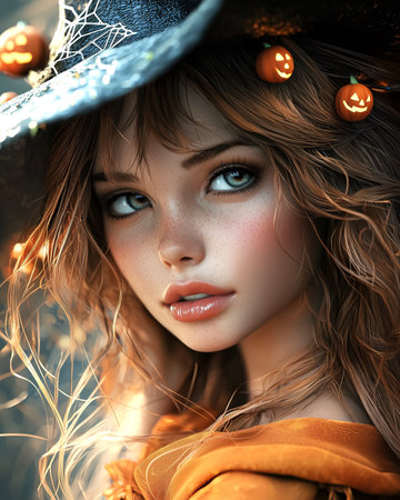A teen girl with freckles on her face and expressive big green eyes dressed as charming young witch with Halloween pumpkins in her hair and decorative hat. Fantasy mystical portrait of a teenage girl.の素材