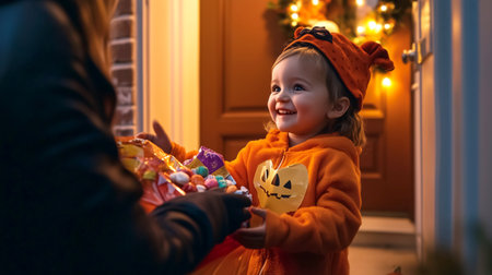 Smiling little girl in orange pumpkin costume receiving candy during trick or treat night at the doorstep. Festive family Halloween moment with warm lights and decorated home exterior.の素材