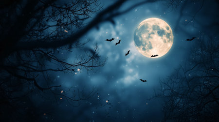 Enchanted full moon night with flying bats in a mysterious dark forest sky. Eerie Halloween atmosphere under glowing moonlight with spooky trees and misty clouds in deep blue tones.の素材