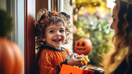 Cheerful little girl in black and orange costume smiling near decorated house, accepting sweets as a gift. Cozy family Halloween evening with happy toddler, pumpkin, joyful autumn holiday atmosphere.の素材