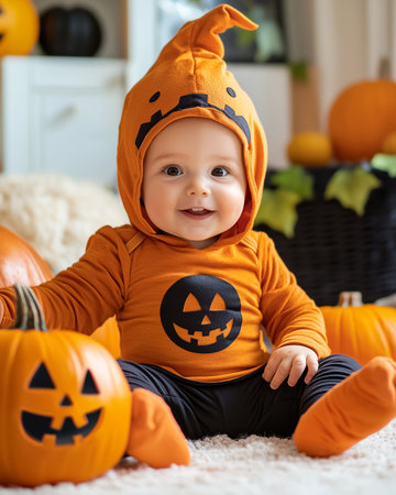 Happy baby in orange pumpkin costume surrounded by Halloween decorations and glowing lantern. Joyful festive indoor portrait of a toddler smiling with cozy autumn atmosphere.の素材