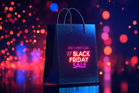 Glowing neon Black Friday sale bag on colorful lights bokeh background. Shopping, retail marketing, discounts, holiday consumerism in luxury promotional design. Promotions, advertising materials.の素材