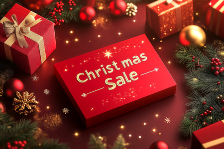 Christmas sale red gift boxes with golden ribbons and pine decorations. Festive holiday sparkling background with glowing bokeh lights and glitter. Retail promotion, winter shopping season template.の素材