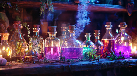 Colorful glowing potion bottles and vials on witch table with smoke and herbs. Magical Halloween alchemy laboratory with mystical light and enchanted elixirs in dark room.の素材